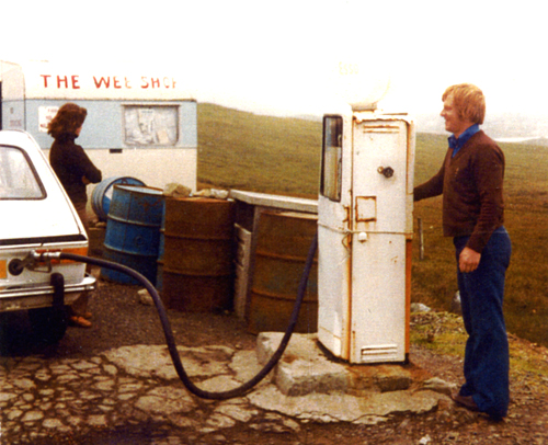 The wee shop at Timsgarry, with Calum Ruadh at the pumps